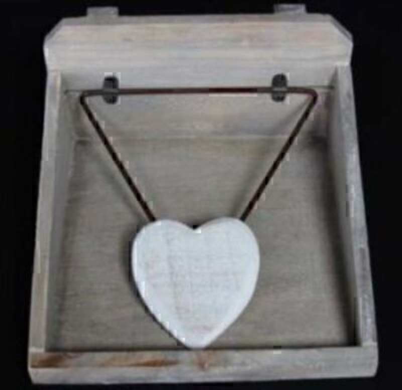 Shabby Chic distressed wood napkin holder with white heart. Add a pack of napkins and you have a great dinner party or new home gift. Size 20x20x10cm